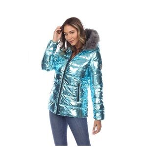 White Mark Los Angeles blue metallic puffer coat jacket small